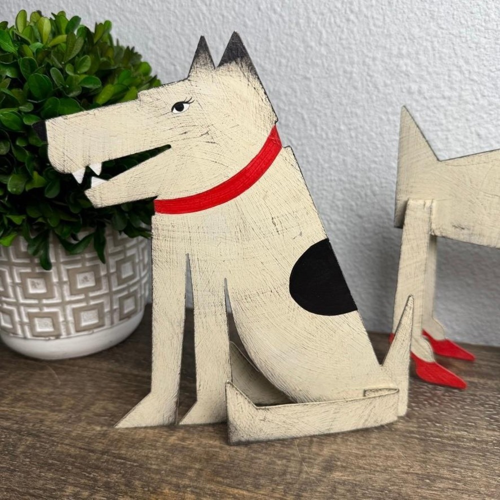 Acme Animal Dog Sculptures Sue Parke Don Gidley Folk Art Metal Pair Red Heels - Picture 4 of 16